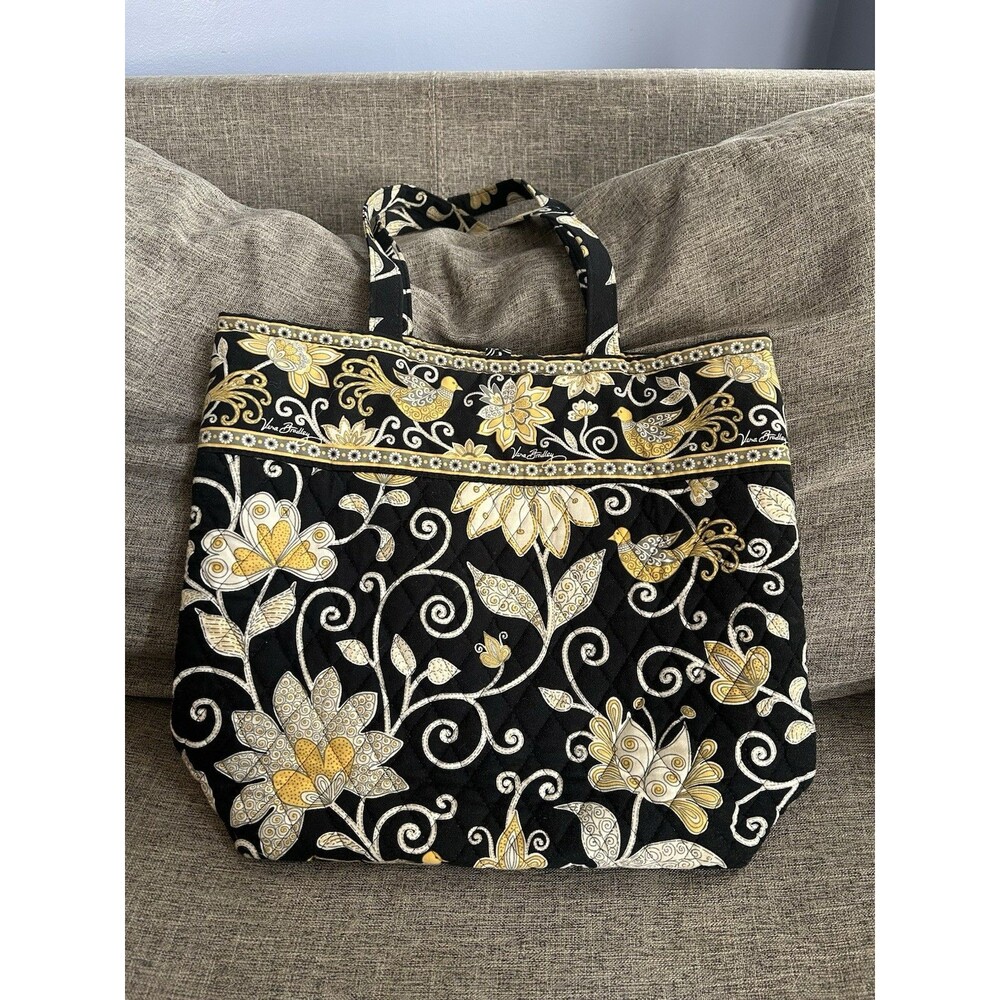 Vera Bradley Morgan Pleated Shoulder Bag Tote Black Yellow Bird Retired Pattern - Picture 2 of 9